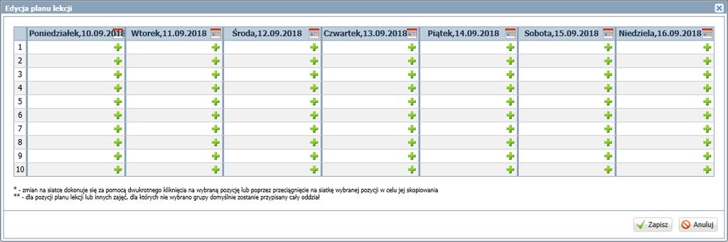 UONET+. Wprowadzanie planów lekcji oddziałów przez wychowawców 2/7 Wprowadzanie pozycji planu lekcji w oknie Edycja planu lekcji 1.