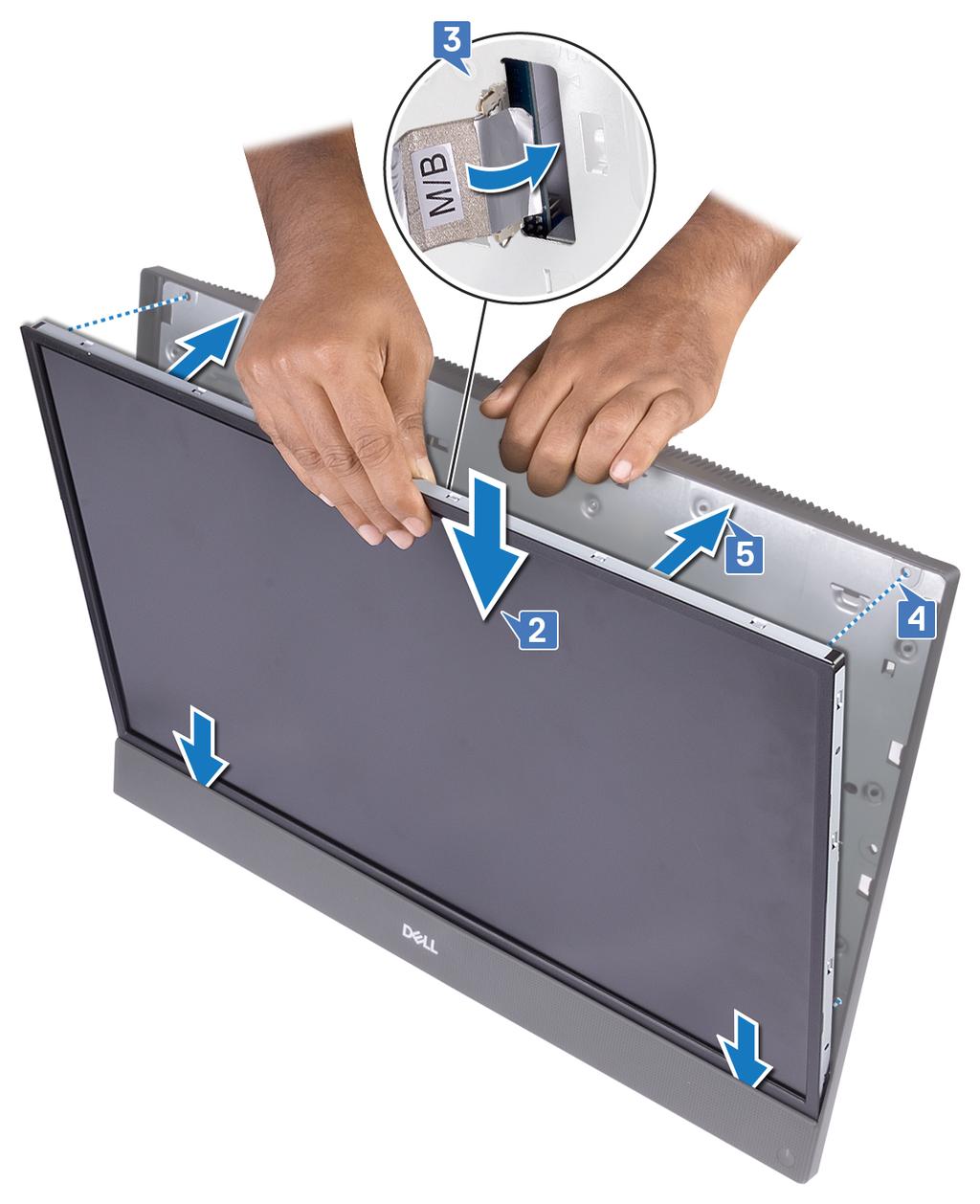 3 Przełóż kabel wyświetlacza i kabel ekranu dotykowego (opcjonalny) przez otwór w podstawie panelu wyświetlacza.