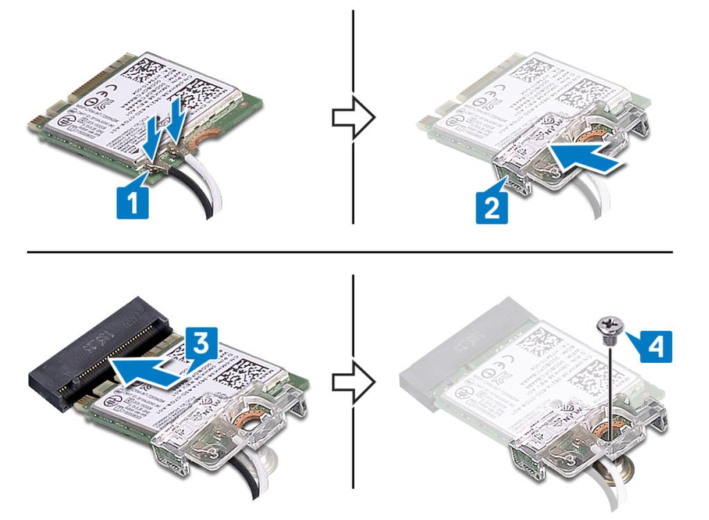 5 Wkręć śrubę mocującą wspornik karty sieci bezprzewodowej i kartę do płyty systemowej. 6 Umieść osłonę karty sieci bezprzewodowej na karcie sieci bezprzewodowej.