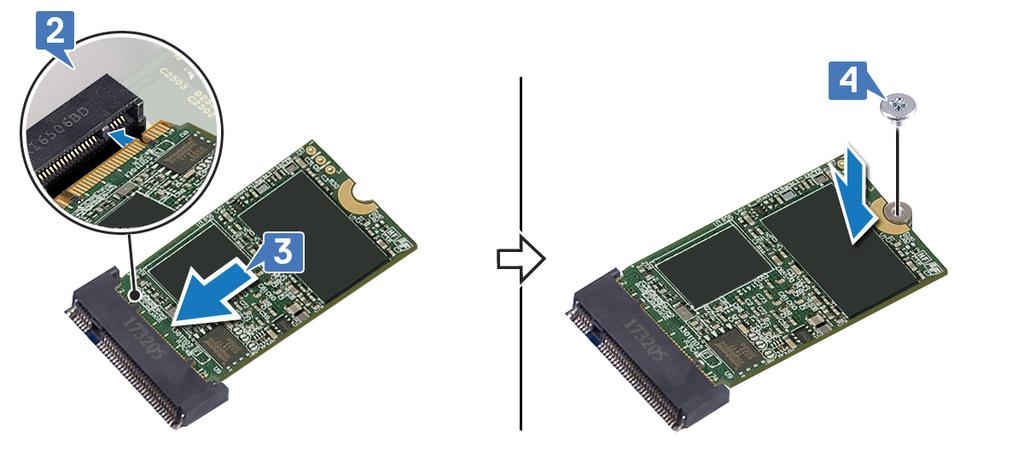 4 Dociśnij drugi koniec dysku SSD/pamięci Intel Optane i wkręć śrubę (M2x3) mocującą dysk SSD/pamięć Intel Optane do osłony