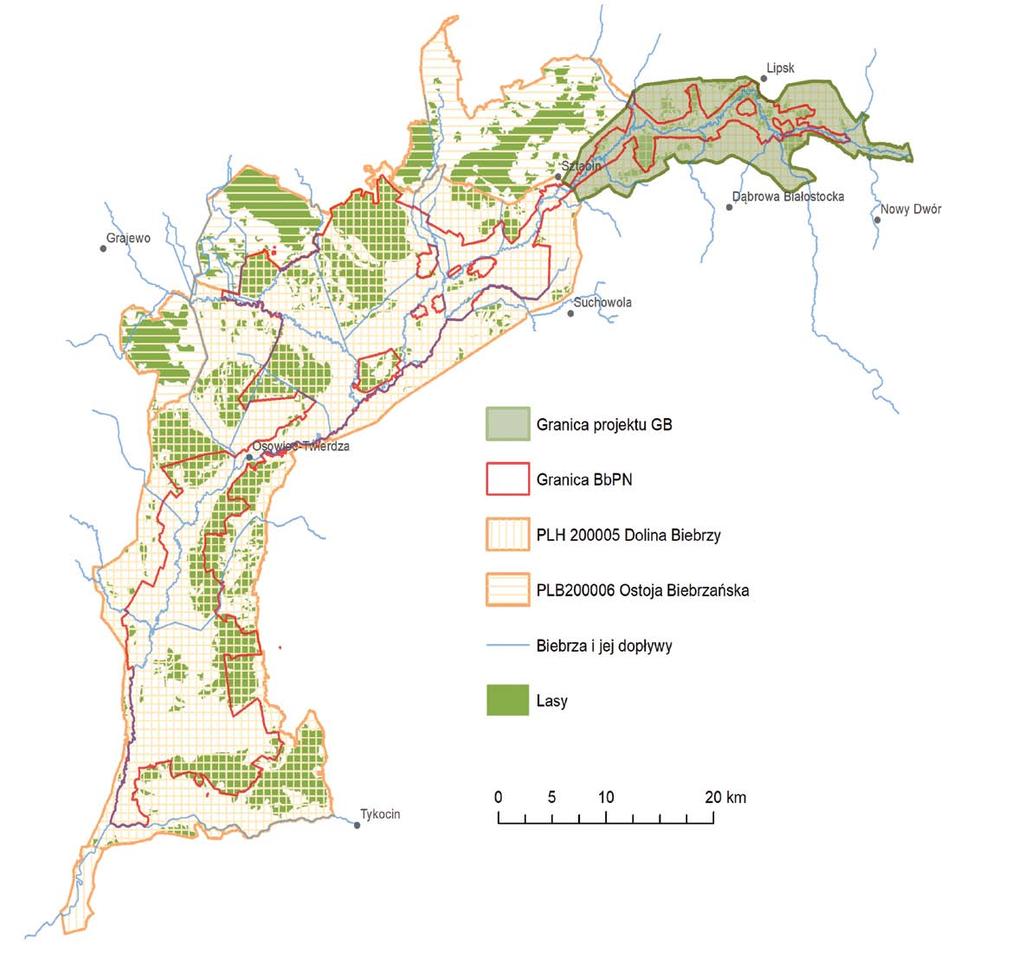Obszar projektu Granica projektu GB Granica BbPN PLH 200005 Dolina Biebrzy PLB200006 Ostoja Biebrzańska Biebrza i jej dopływy Lasy Obszar działań projektu