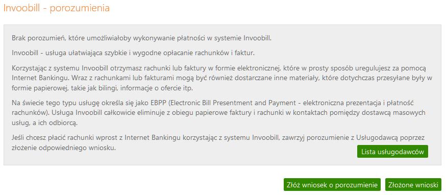 w roku. Aby włączyć usługę, należy wybrać rachunek, z którego mają być regulowane płatności za pośrednictwem usługi Invoobill. Zostanie wyświetlone okno z danymi wybranego rachunku.