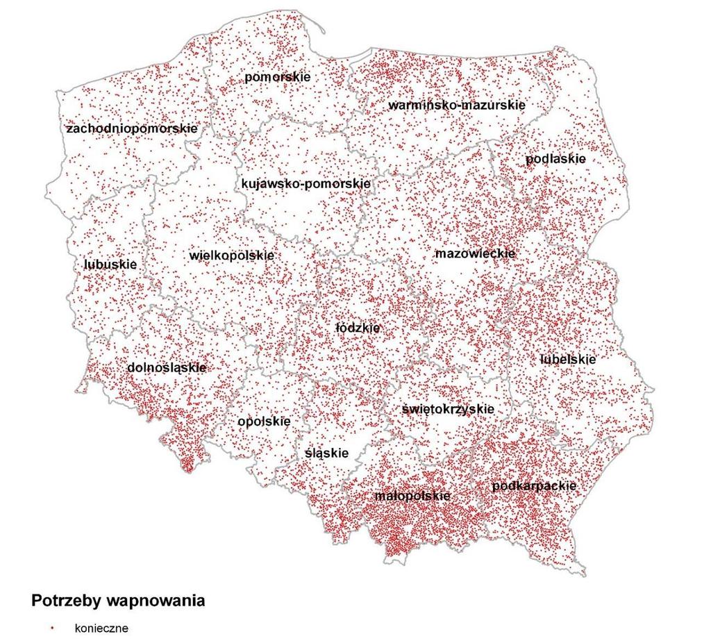 Potrzeby wapnowania oraz zużycie nawozów wapniowych w Polsce Rozmieszczenie