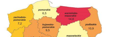 Rysunek 2. Zasięg ubóstwa skrajnego wg województw (w % osób w gospodarstwach domowych) Źródło.