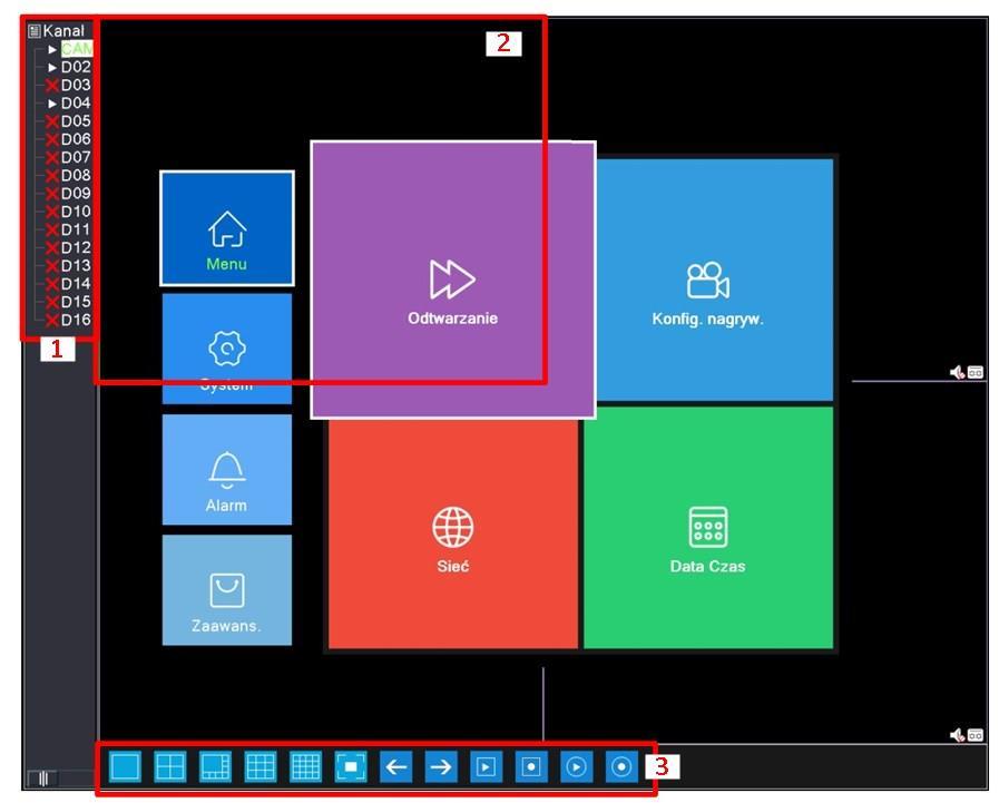 Mapa Rejestratora 2.9 Ekran Główny Po włączeniu rejestratora naszym oczom ukazuje się ekran główny. Zawiera on następujące elementy: 1.