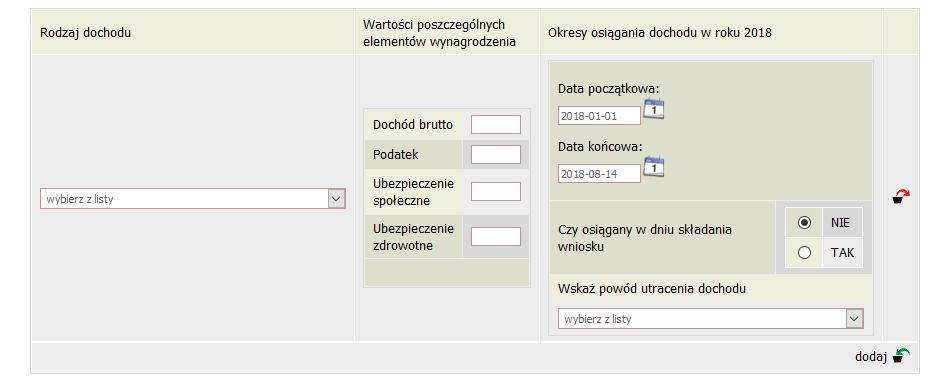 Jeżeli dochód lub jego część nie był otrzymywany przez cały rok 2018, zaznacz to we wniosku klikając opcję NIE i wpisz wielkość utraconych lub uzyskanych dochodów.