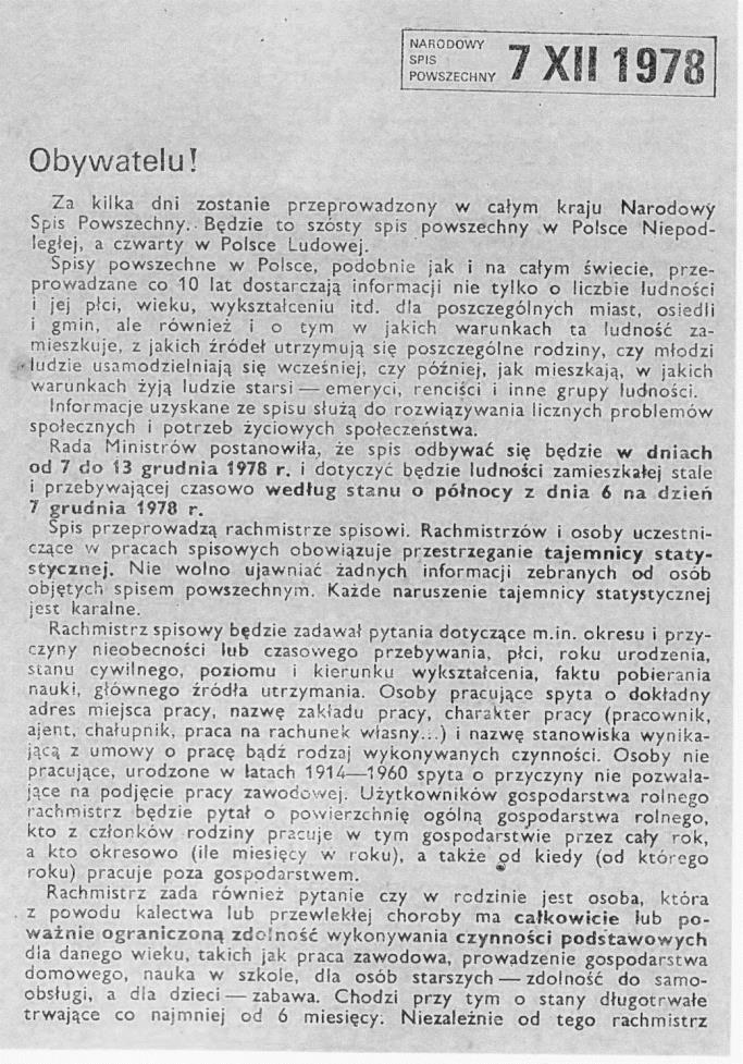 Narodowy Spis Powszechny 1978 W NSP 1978 zastosowano sprawdzony