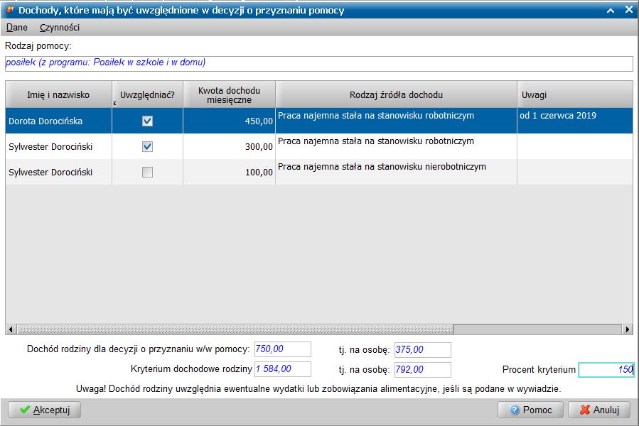 6. Umożliwienie wpisania procentu kryterium dochodowego indywidualnie dla każdej pozycji planowanej pomocy.