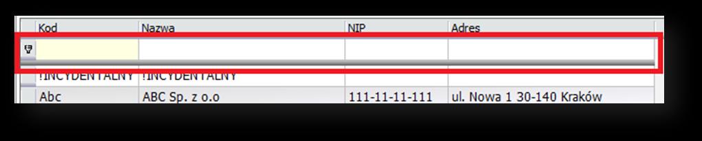 Rys. 4 Wiersz wyszukiwania. Dodatkowy wiersz na liście umożliwia wyszukiwanie wartości w poszczególnej kolumnie.