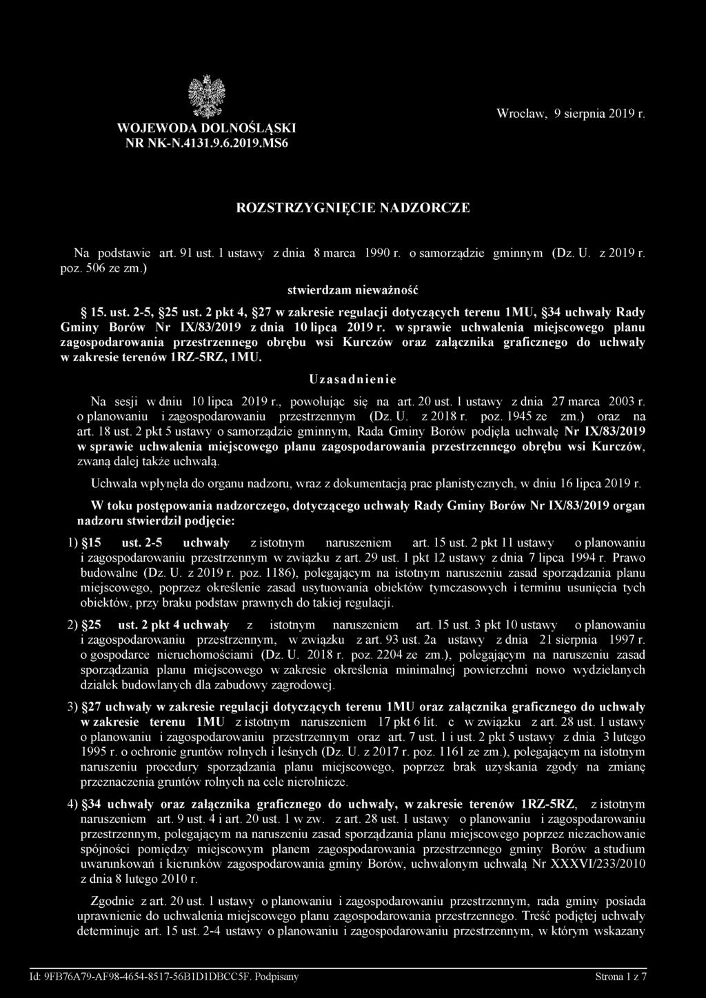 2 pkt 4, 27 w zakresie regulacji dotyczących terenu 1MU, 34 uchwały Rady Gminy Borów Nr IX/83/2019 z dnia 10 lipca 2019 r.