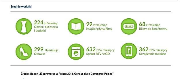 E-konsumenci średnio miesięcznie przeznaczyli na odzież, buty, książki oraz bilety do kina i teatru odpowiednio 224 zł, 299 zł, 99 zł i 68 zł.