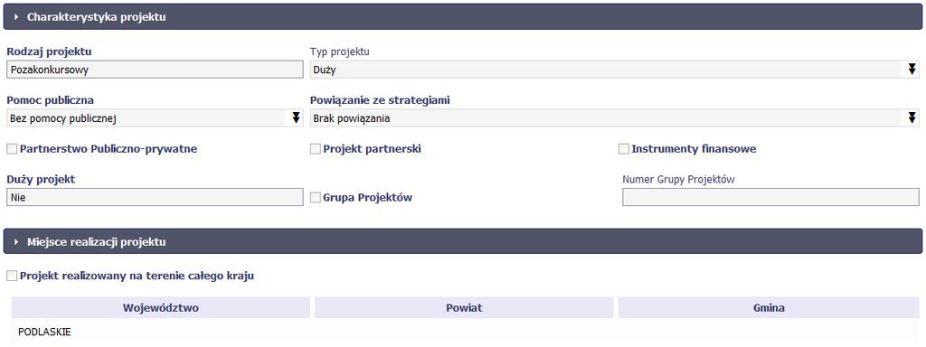 Kolejnymi elementami są Charakterystyka projektu oraz Miejsce realizacji projektu, które przedstawiono w tabeli.