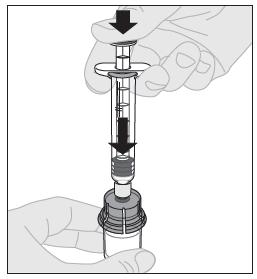 11. Powoli naciskać trzon tłoka, aby wstrzyknąć cały rozpuszczalnik do fiolki z lekiem ELOCTA.
