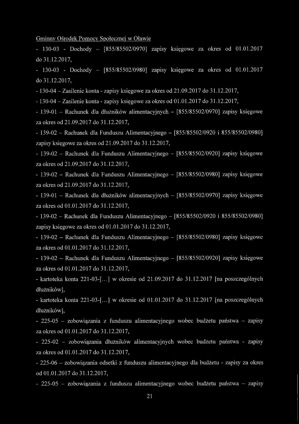 01.2017 do 31.12.2017, - 139-01 - Rachunek dla dłużników alimentacyjnych - [855/85502/0970] zapisy księgowe za okres od 21.09.2017 do 31.12.2017, - 139-02 - Rachunek dla Funduszu Alimentacyjnego - [855/85502/0920 i 855/85502/0980] zapisy księgowe za okres od 21.