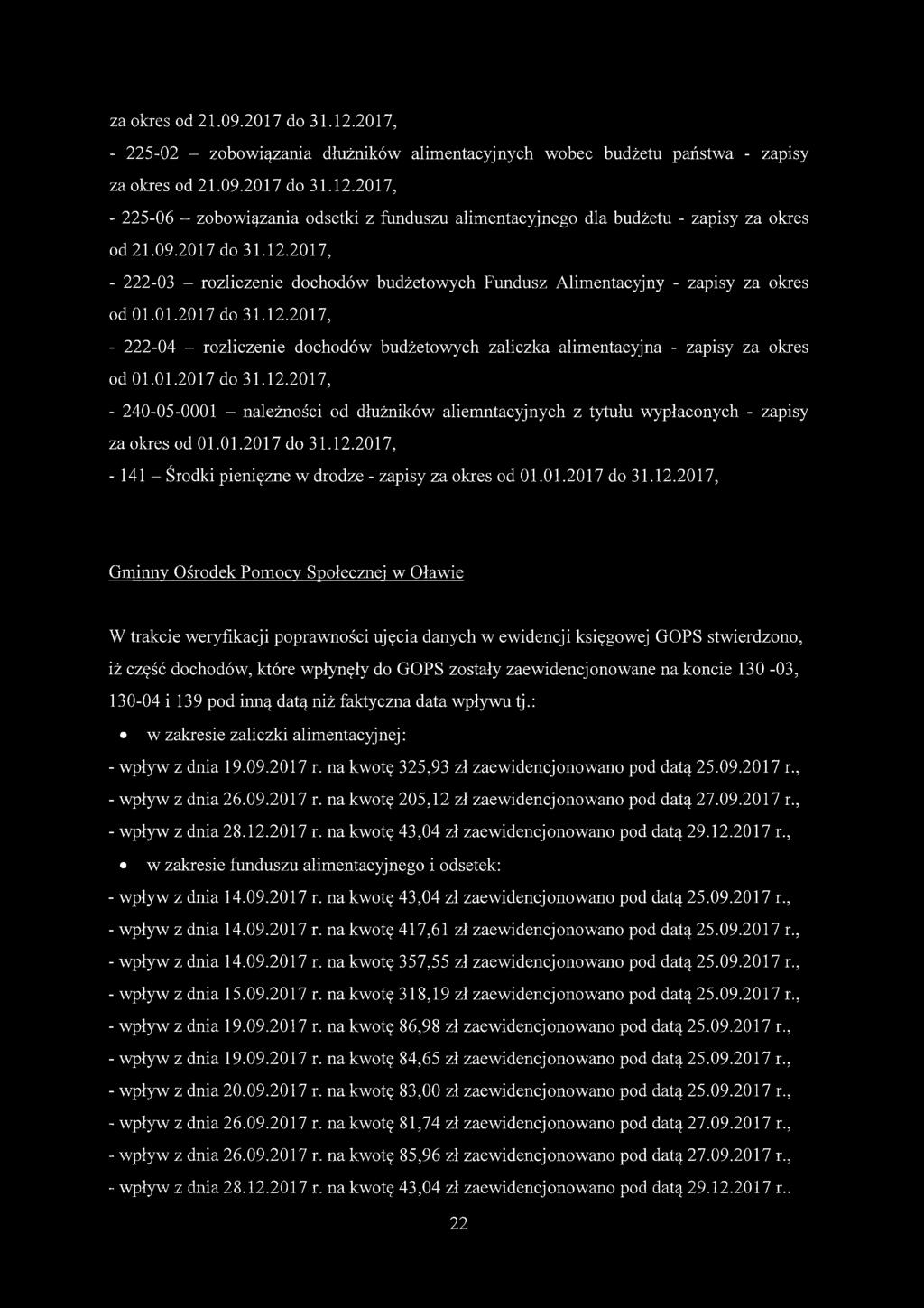 01.2017 do 31.12.2017, - 240-05-0001 - należności od dłużników aliemntacyjnych z tytułu wypłaconych - zapisy za okres od 01.01.2017 do 31.12.2017, - 141 - Środki pieniężne w drodze - zapisy za okres od 01.