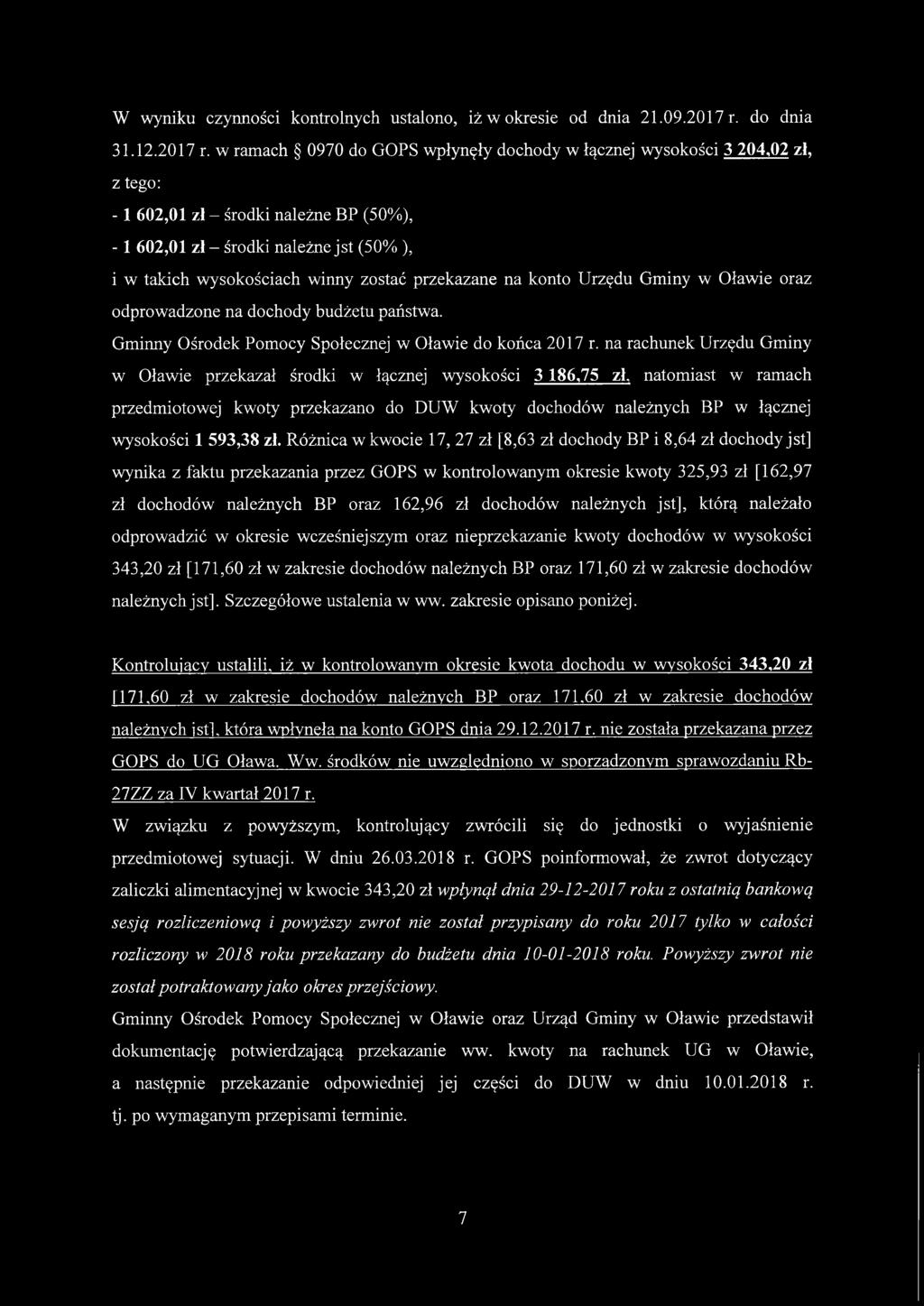 w ramach 0970 do GOPS wpłynęły dochody w łącznej wysokości 3 204,02 zł, z tego: - 1 602,01 zł - środki należne BP (50%), - 1 602,01 zł - środki należne jst (50% ), i w takich wysokościach winny