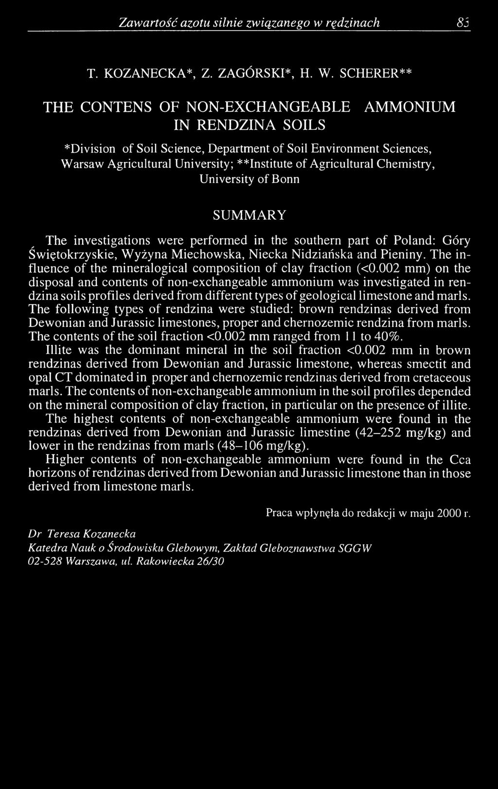 Chemistry, University of Bonn SU M M A RY The investigations were performed in the southern part of Poland: Góry Św iętokrzyskie, W yżyna M iechowska, Niecka Nidziańska and Pieniny.