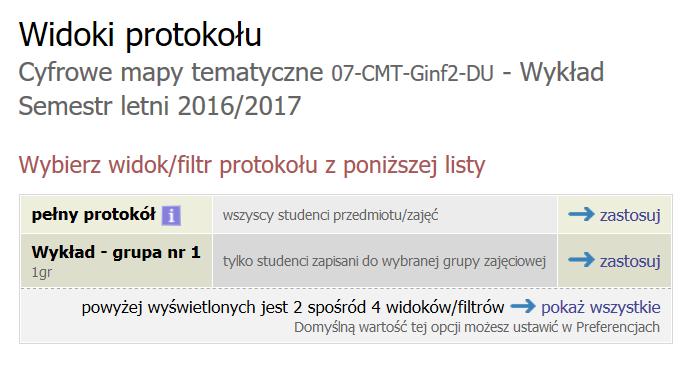 2.3 Na ekranie pojawi się lista protokołów dostępnych w bieżącym roku akademickim.