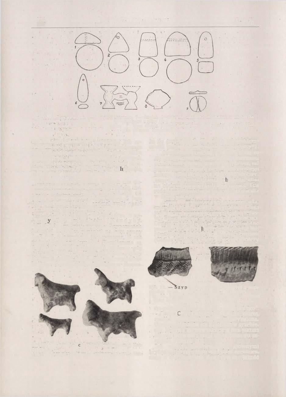 154 Włodzimierz Hołubowicz Tom VII Ryc. 15. Szypeniee. 1 6 ciężarki gliniane; 7 dwojak, 8 naczynie zasobowe ze zwężającą się szyjką 9 przedmiot z gliny (w-g Kandyby). Fig. 15. Szypeniee. 1 6 Poids en argile, 7 Vase double, 8 Vase à provisions à col retired, 9 Objet d argile (d'après Kandyba).