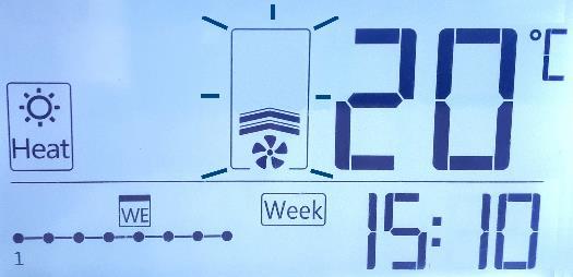 PROGRAMOWANIE CZASU PRACY - TIMER 5. USTAWIENIE TEMPERATURY DLA 1-ego CYKLU PRACY ( niedostępne w trybach FAN i OFF ) Ikona temperatury mruga, naciskając lub ustawiamy żądaną temperaturę.