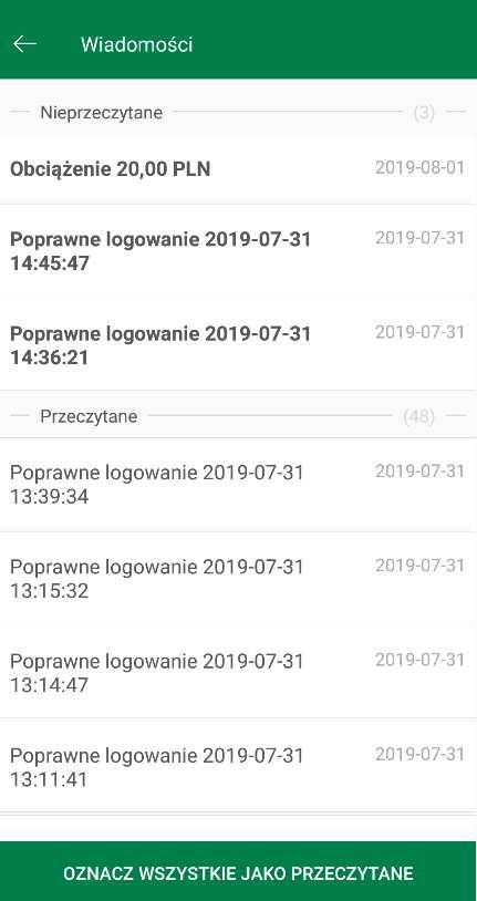 Po wybraniu Wiadomości pojawi się na ekranie lista otrzymanych wiadomości, z liczbą wiadomości nieprzeczytanych i przeczytanych oraz opcja oznacz wszystkie jako przeczytane.