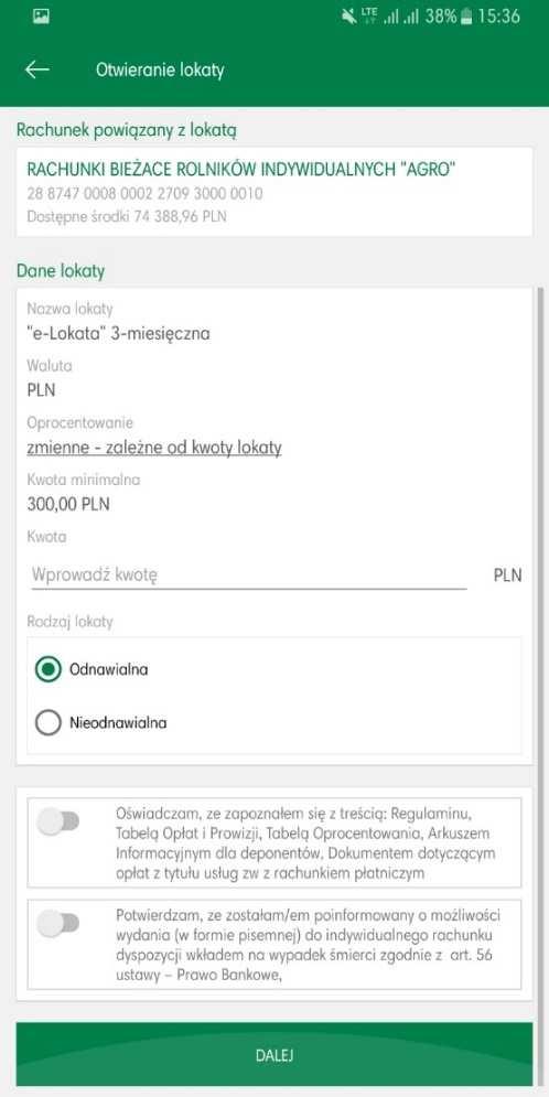 Dodatkowo użytkownik ma możliwość (pod warunkiem posiadanych uprawnień nadanych w banku): - otwarcia nowej lokaty wybierając opcję Otwórz lokatę, w kolejnym kroku wskazujemy rachunek, z którego
