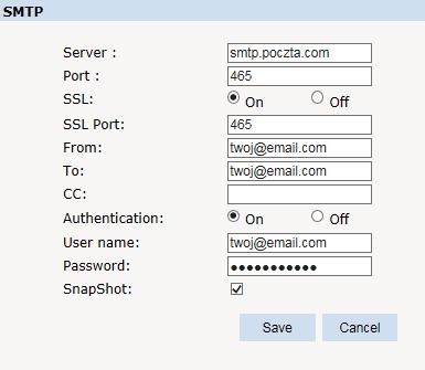 5.Konfiguracja powiadomień E-Mail o detekcji ruchu. -Przejdź w Setting Network SMTP Server: Wpisz URL serwera smtp swojej poczty (np. smtp.gmail.