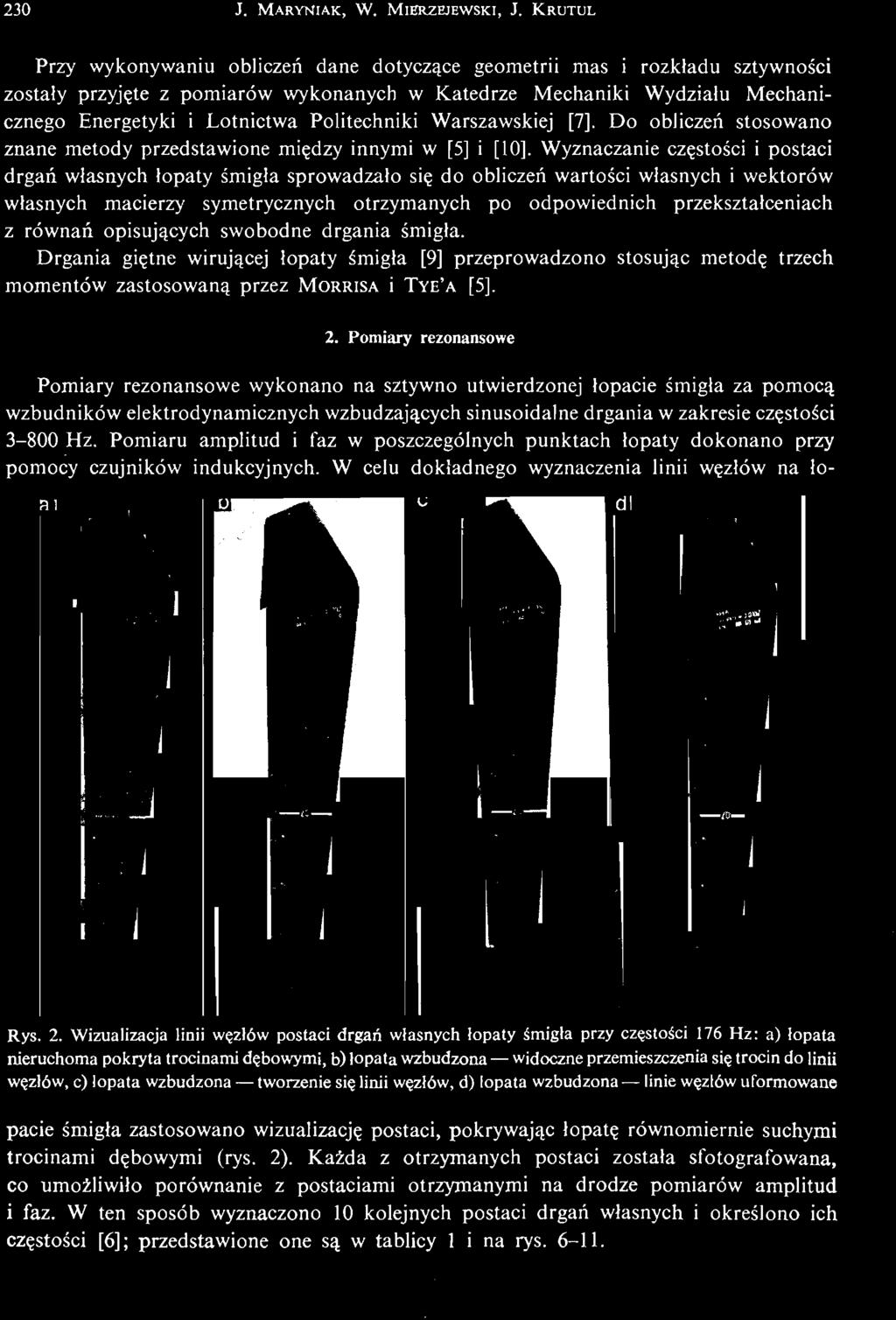 Pomiaru amplitud i faz w poszczególnych punktach łopaty dokonano przy pomocy czujników indukcyjnych. W celu dokładnego wyznaczenia linii wę złów na ło Rys. 2.