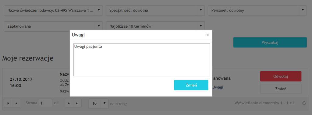 7. Moje rezerwacje 43 Aby zmienić jedynie uwagi do terminu, należy kliknąć na link Uwagi. Na ekranie pojawi się okno z polem do wpisania tekstu.