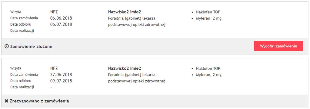 8. Zamówione recepty 48 2. Data zamówienia termin złożenia zamówienia. 3. Data odbioru termin wybrany podczas zamawiania recepty, w którym odbędzie się wizyta w celu odbioru recepty. 4. Data realizacji termin, w którym wystawiono receptę.