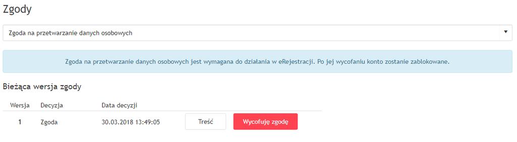 14. Zgody 58 14. Zgody W Portalu erejestracji zdefiniowane zostały zgody, które mogą być opcjonalne lub obligatoryjne.