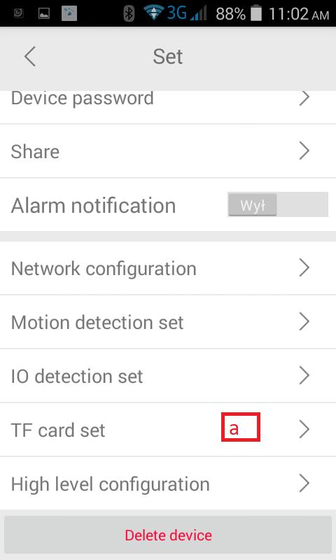 4. Nagrywanie obrazu na kartę Micro SD: 1) Po dodaniu budzika do aplikacji, w oknie podglądu należy nacisnąć ikonę zębatki i wybrać opcję TF card set 2) Aby potwierdzić zmienione ustawienia należy