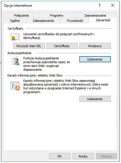 W zakładce [Zaawansowane] zaznaczyć parametry: [Nie zapisuj zaszyfrowanych stron na dysku], [Sprawdź, czy certyfikat serwera nie został cofnięty], [Użyj szyfrowania TLS 1.