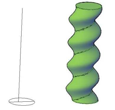 5: Realizacja powierzchni z klasycznej geometrii wykreślnej: a) ścieżka i przekrój; b) powierzchnia Saint-Gilles; c) powierzchnia kanałowa; d) powierzchnia słupa kręconego (SWEEP z opcją Alignment)