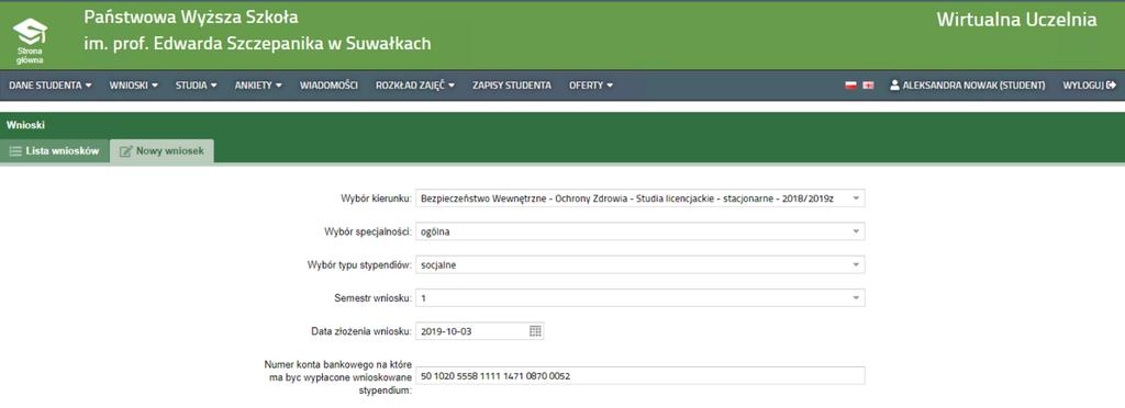 3. Wytyczne do poprawnego złożenia wniosku o przyznanie świadczeń dla studentów Poniższe pola są uzupełniane poprzez wybranie z pozycji listy rozwijalnej: Student składający wniosek powinien wskazać