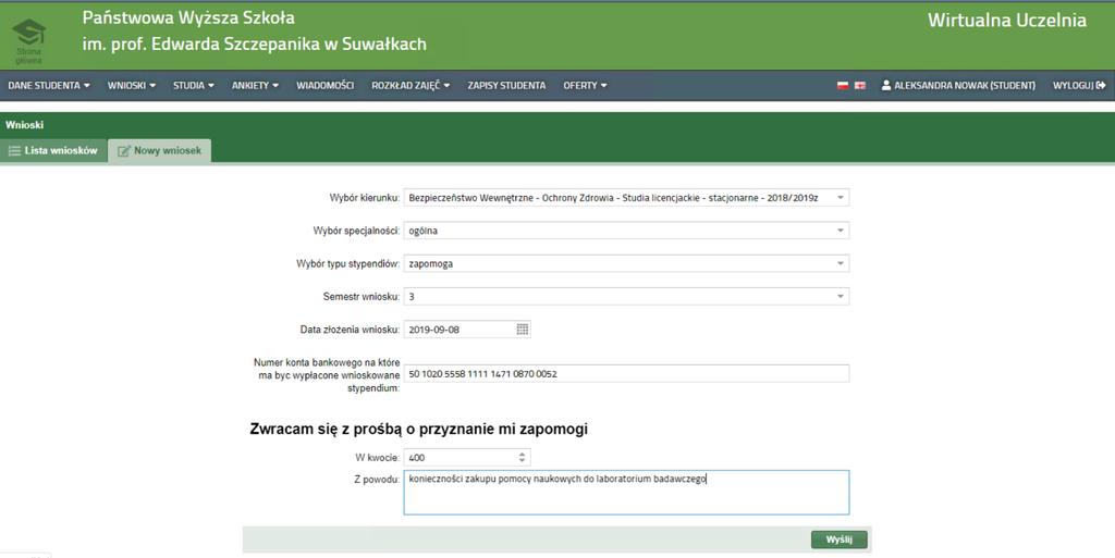 6. Uzupełnienie danych dla wniosku o przyznanie zapomogi. Poniżej znajduje się prezentacja wypełnionego wniosku. Poniżej opisano jak poprawnie wypełniać pola.