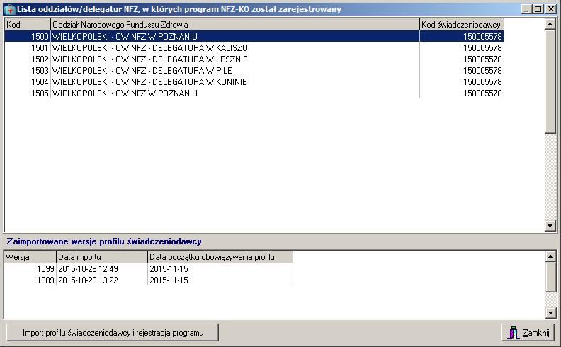 Rys. 4.5 Lista OW NFZ w których zarejestrowano program W najprostszym przypadku oferent importuje profil świadczeniodawcy tylko jeden raz. Gdyby jednak zdarzyła się sytuacja, że zmienią się dane np.