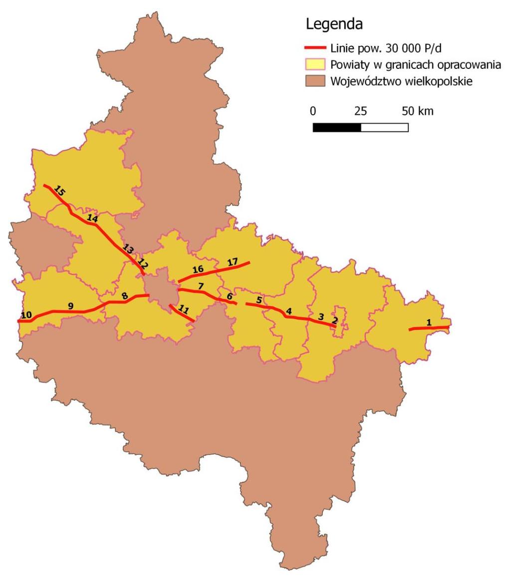 Rys. 2.3. Przebieg analizowanych odcinków linii kolejowych w województwie wielkopolskim o natężeniu ruchu ponad 30 000 pociągów rocznie (numeracja odcinków zgodnie z tab. 2.1) 2.1.2. Informacje ogólne Województwo wielkopolskie zajmuje powierzchnię 29 826 km 2 (9,5% powierzchni kraju) i w 2017 r.