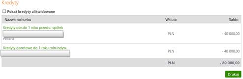 8. Kredyty Serwis umożliwia obsługę dostępnych kredytów przez: przeglądanie lub wydruk szczegółowych danych kredytu, m.in.