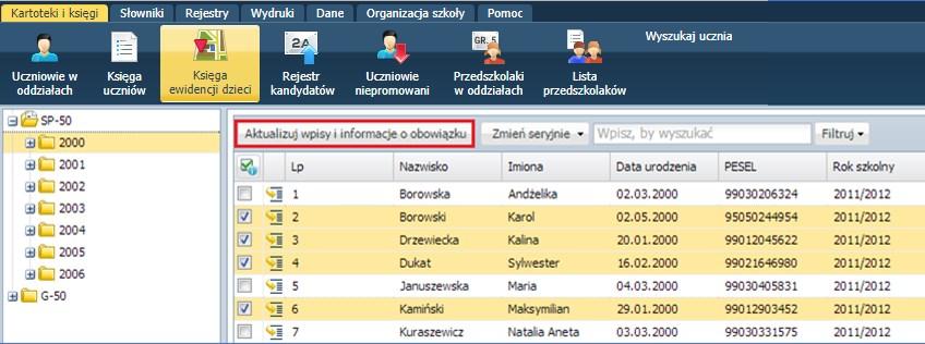 Prowadzenie księgi ewidencji dzieci 25 Aby szybko wyszukać na liście konkretną osobę należy skorzystać z pola Wpisz, by wyszukać.