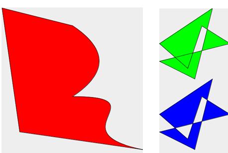 Poniższe okno pokazuje trzy kształty typu GeneralPath, w których czerwony składa się z trzech segmentów linii, segmentu poczwórnego i segmentu sześciennego.