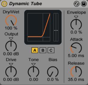 EFEKTY AUDIO DYNAMIC TUBE Dynamic Tube efekt, który jest pewnego rodzaju emulacją przesteru. Dodaje ciepła i chropowatości do sygnału poprzez dodanie harmonicznych.