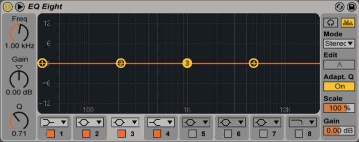 EFEKTY AUDIO EQ EIGHT Jest to korektor, który składa się z ośmiu filtrów służących do ingerencji w częstotliwości dźwięku. Wchodzący sygnał może być przetwarzany w trzech trybach: Stereo, L/R i M/S.