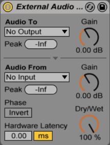 EFEKTY AUDIO EXTERNAL AUDIO EFFECT Efekt, który wyraźnie różni się od innych abletonowskich efektów, ponieważ sam w sobie nie powoduje żadnych zmian w brzmieniu sygnału.