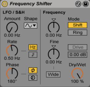 EFEKTY AUDIO FREQUENCY SHIFTER Frequency Shifter powoduje przesunięcia częstotliwości wchodzącego materiału, o ustaloną wartość w hercach (zmienia tonację).