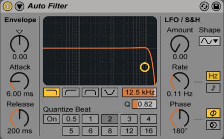 EFEKTY AUDIO AUTO FILTER Auto Filter jest to emulacja klasycznego analogowego filtra. Istnieje możliwość modulacji za pomocą obwiedni sygnału (envelope) i/lub LFO w celu automatycznych ruchów filtra.