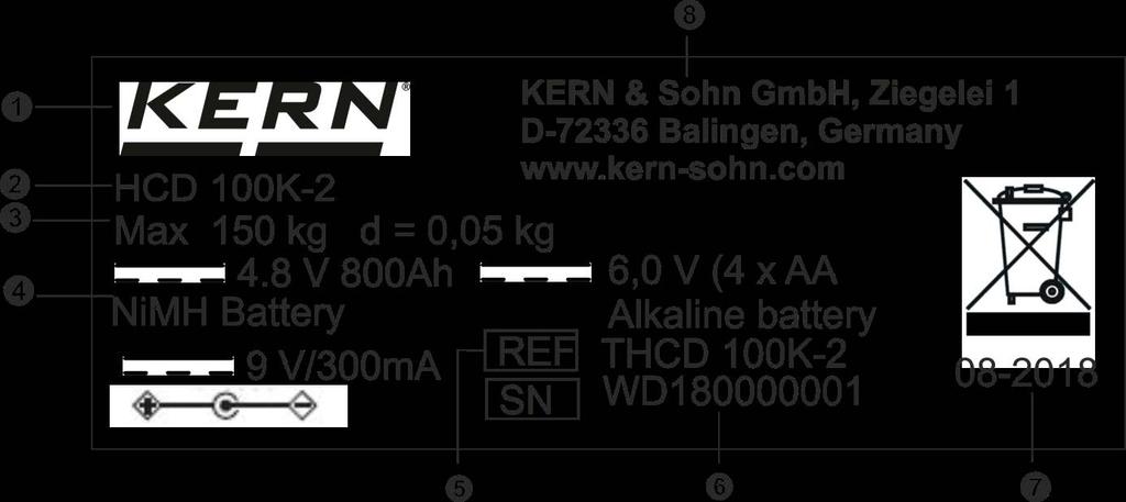 1.2 Tabliczka znamionowa 1 Logo firmy KERN 2 Nazwa modelu 3 Zakres ważenia [Max], działka elementarna [d] 4