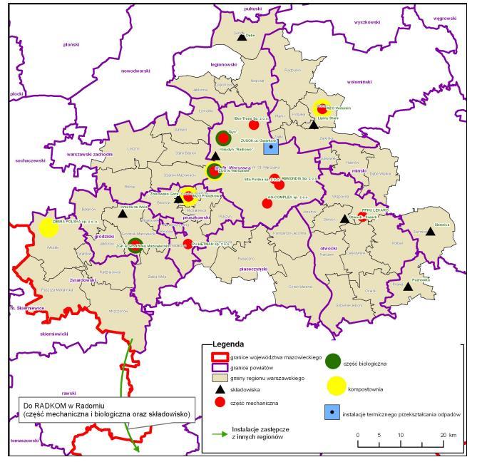 Rysunek 1. Lokalizacja instalacji do odzysku i unieszkodliwiania odpadów komunalnych w rejonie warszawskim (źródło: WPGO dla Mazowsza na lata 2012-2017 z uwzględnieniem lat 2018-2023) Zgodnie z art.