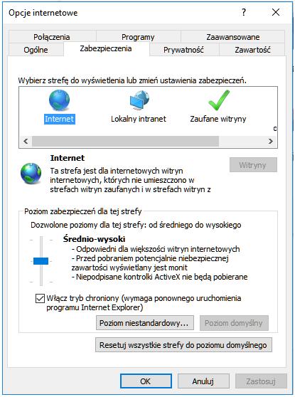 W zakładce [Zabezpieczenia] dla strefy Internet należy