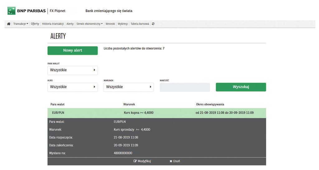 Wszystkie wprowadzone Alerty kursowe będą widoczne w zakładce Alerty. W dowolnym momencie można sprawdzić szczegóły, dokonać modyfikacji lub usunięcia wprowadzonego wcześniej Alertu kursowego. 3.